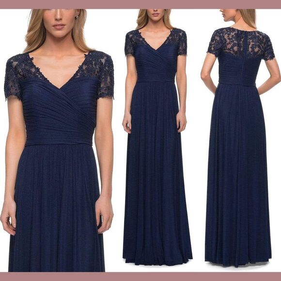 NWT $429‎ La Femme [ 14 ] 29772 Floral Embroidered Sheath Gown in Navy Blue - Picture 1 of 14